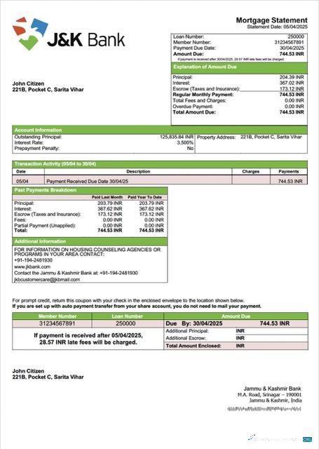 Download India Jammu & Kashmir Bank mortgage statement Word and PDF template Photoshop template
